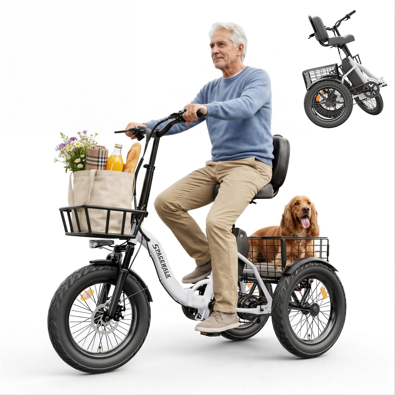 Adult 3 Wheel Electric Tricycle, 18×3.0 Fat Tires, 48V 15AH battery 700W Peak Motor Up to 60 Miles Range, 18 MPH Adjustable Backrest Electric Bikes