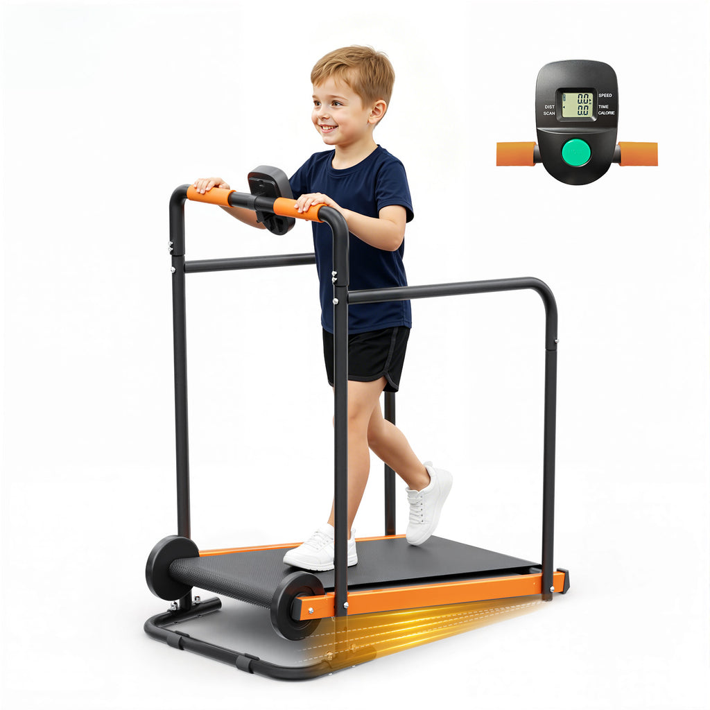 Manual Treadmill for Kids, Fixed 10% Incline Non-Powered Walking Pad, Max 220lbs Capacity with Handrail & Display Screen, Eco-Friendly Manual Walking Running Machine for Home