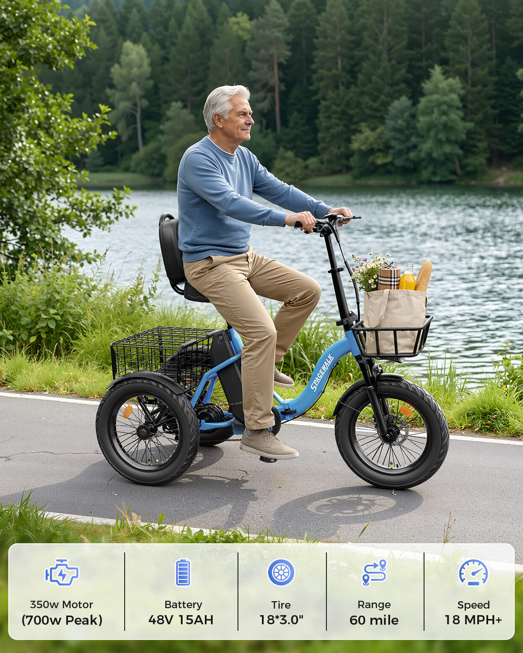 Adult 3 Wheel Electric Tricycle, 18×3.0 Fat Tires, 48V 15AH battery 700W Peak Motor Up to 60 Miles Range, 18 MPH Adjustable Backrest Electric Bikes