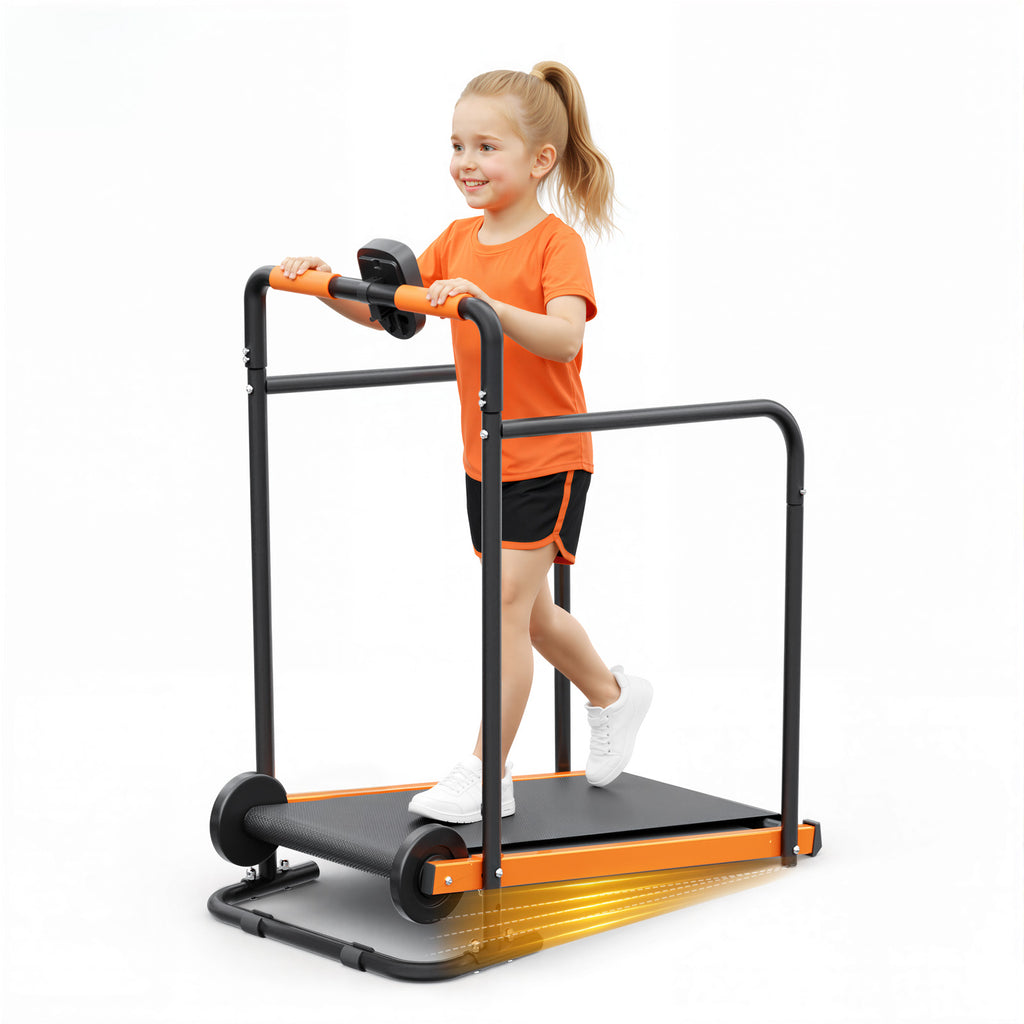 Manual Treadmill for Kids, Fixed 10% Incline Non-Powered Walking Pad, Max 220lbs Capacity with Handrail & Display Screen, Eco-Friendly Manual Walking Running Machine for Home