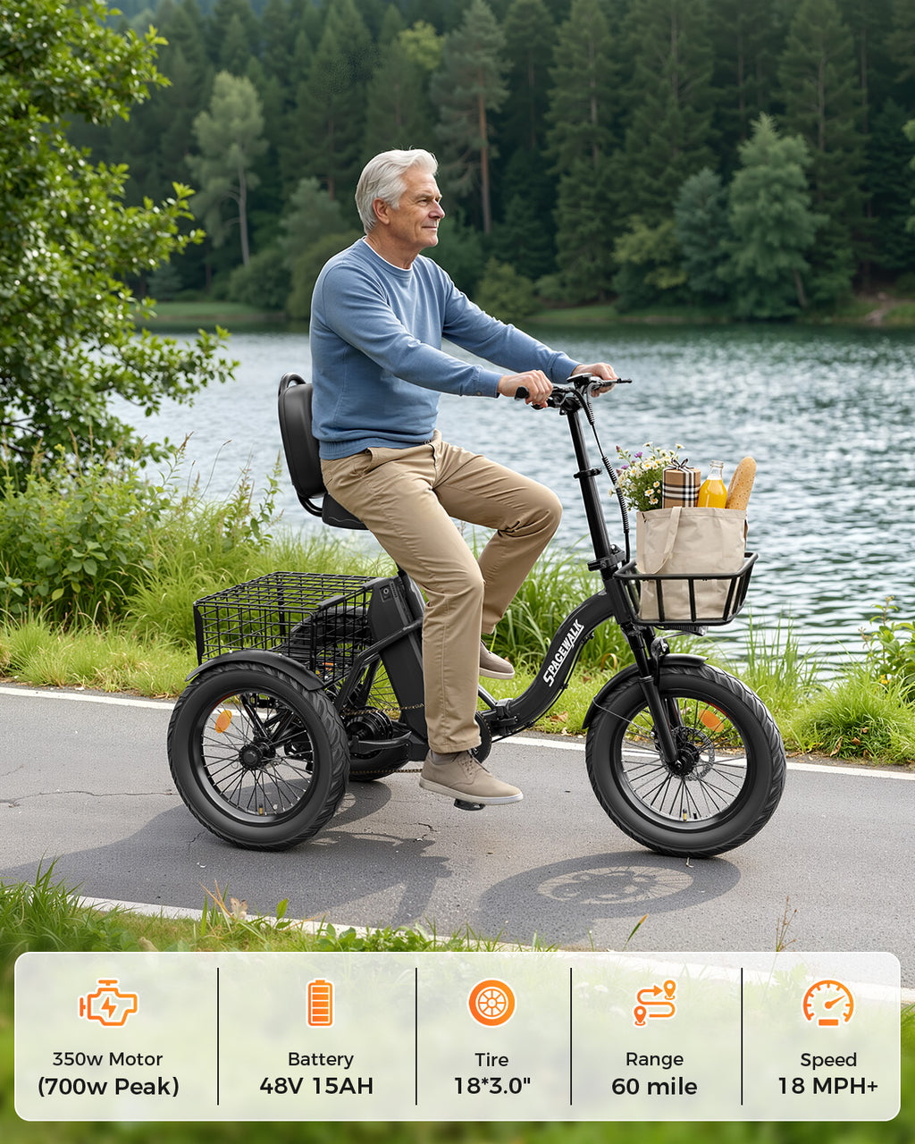 Adult 3 Wheel Electric Tricycle, 18×3.0 Fat Tires, 48V 15AH battery 700W Peak Motor Up to 60 Miles Range, 18 MPH Adjustable Backrest Electric Bikes