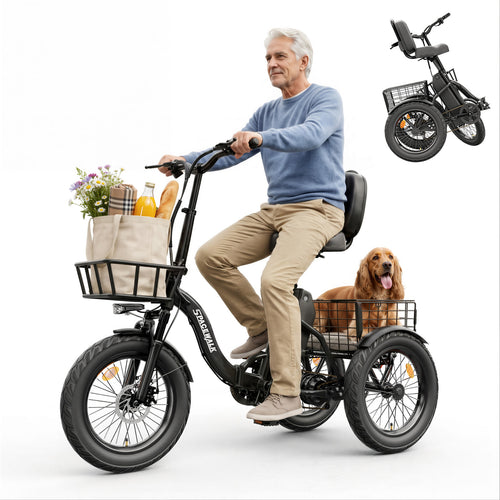 Adult 3 Wheel Electric Tricycle, 18×3.0 Fat Tires, 48V 15AH battery 700W Peak Motor Up to 60 Miles Range, 18 MPH Adjustable Backrest Electric Bikes