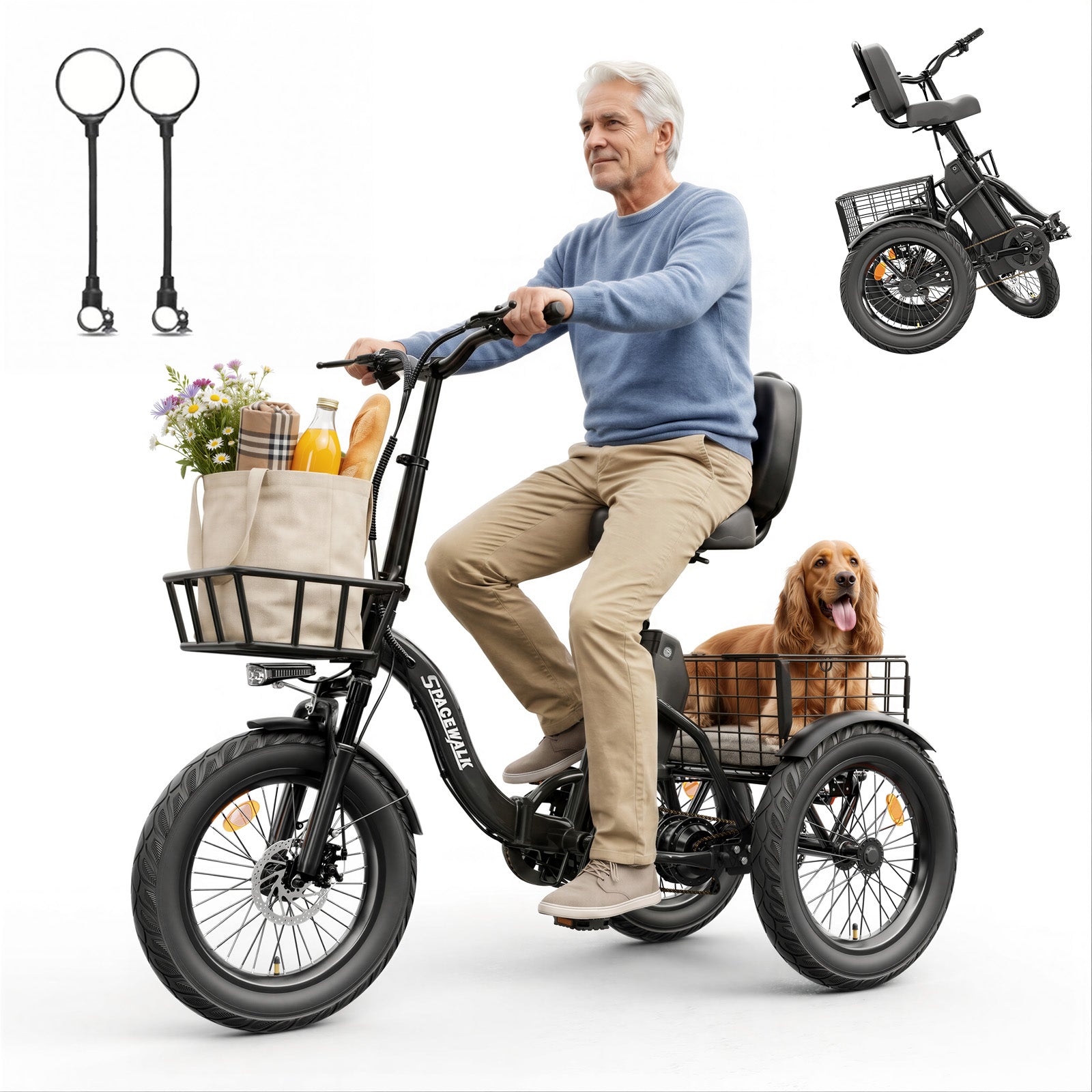 Adult 3 Wheel Electric Tricycle, 18×3.0 Fat Tires, 48V 15AH battery 700W Peak Motor Up to 60 Miles Range, 18 MPH Adjustable Backrest Electric Bikes