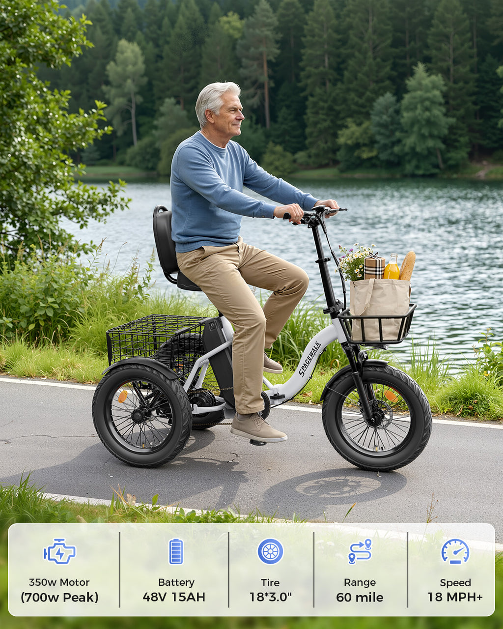 Adult 3 Wheel Electric Tricycle, 18×3.0 Fat Tires, 48V 15AH battery 700W Peak Motor Up to 60 Miles Range, 18 MPH Adjustable Backrest Electric Bikes