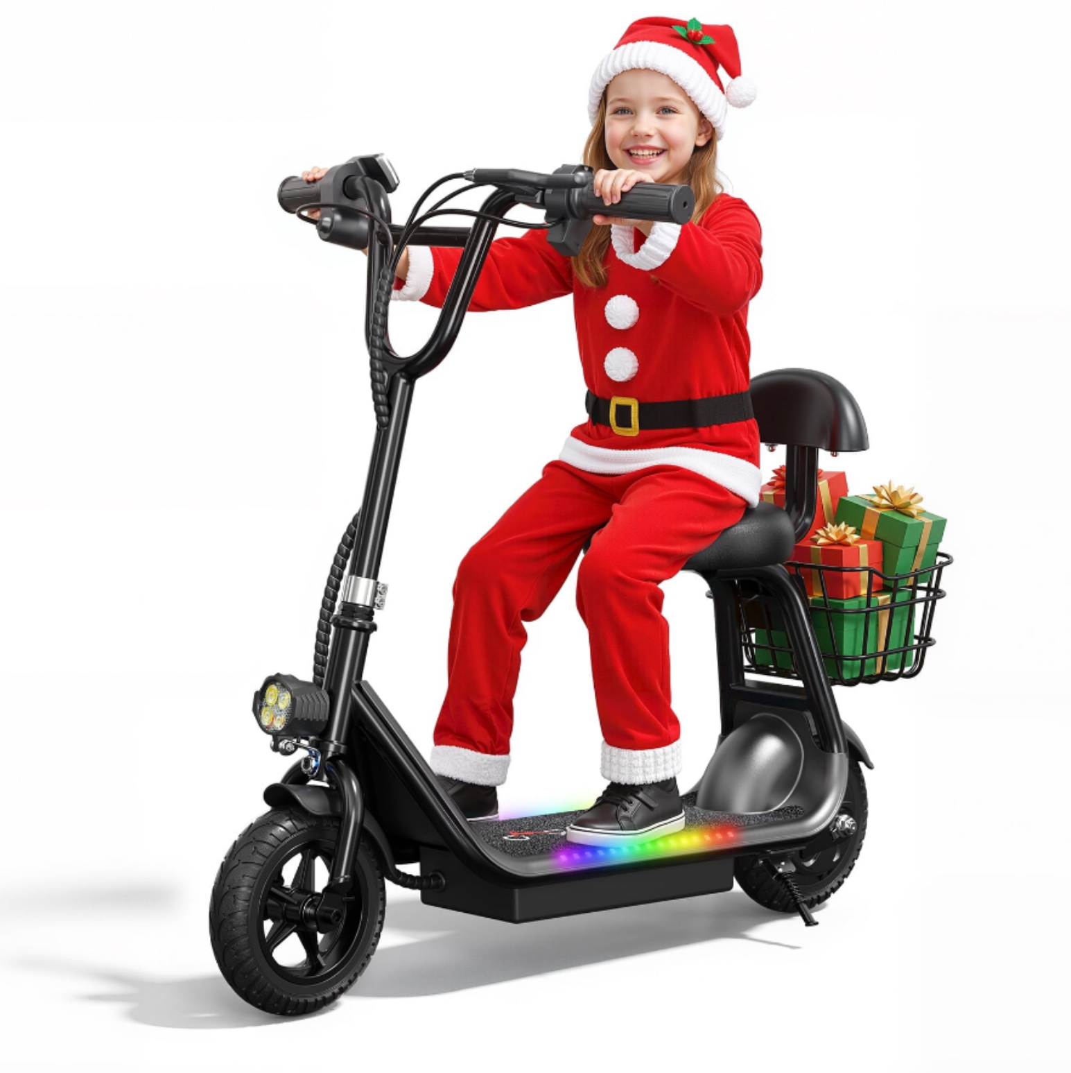 Electric Scooter for Kids - Bluetooth Speaker Foldable Scooter with Seat & Carry Basket & LED Light Strip, 11MPH 132lbs Max Load E Mopeds