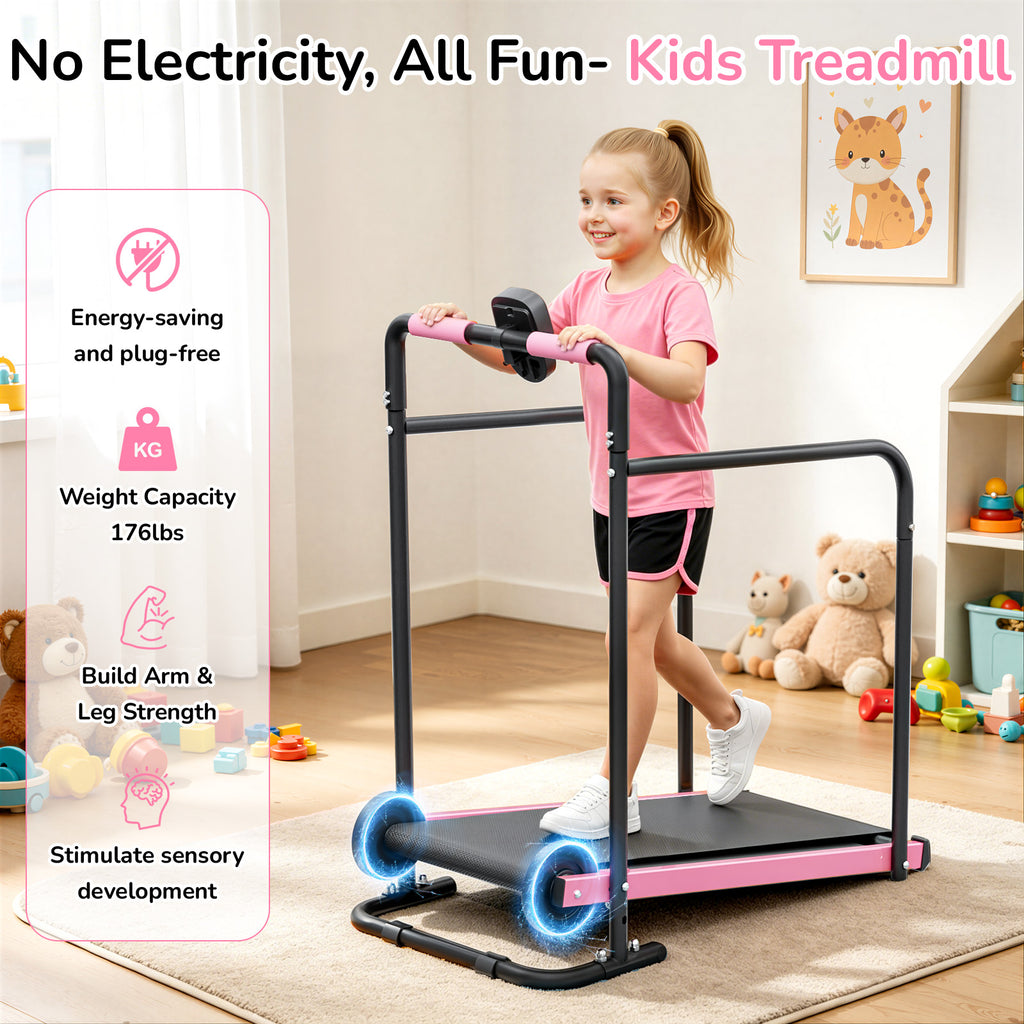 Manual Treadmill for Kids, Fixed 10% Incline Non-Powered Walking Pad, Max 220lbs Capacity with Handrail & Display Screen, Eco-Friendly Manual Walking Running Machine for Home
