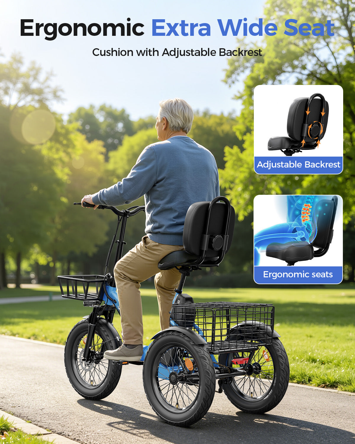 Adult 3 Wheel Electric Tricycle, 18×3.0 Fat Tires, 48V 15AH battery 700W Peak Motor Up to 60 Miles Range, 18 MPH Adjustable Backrest Electric Bikes