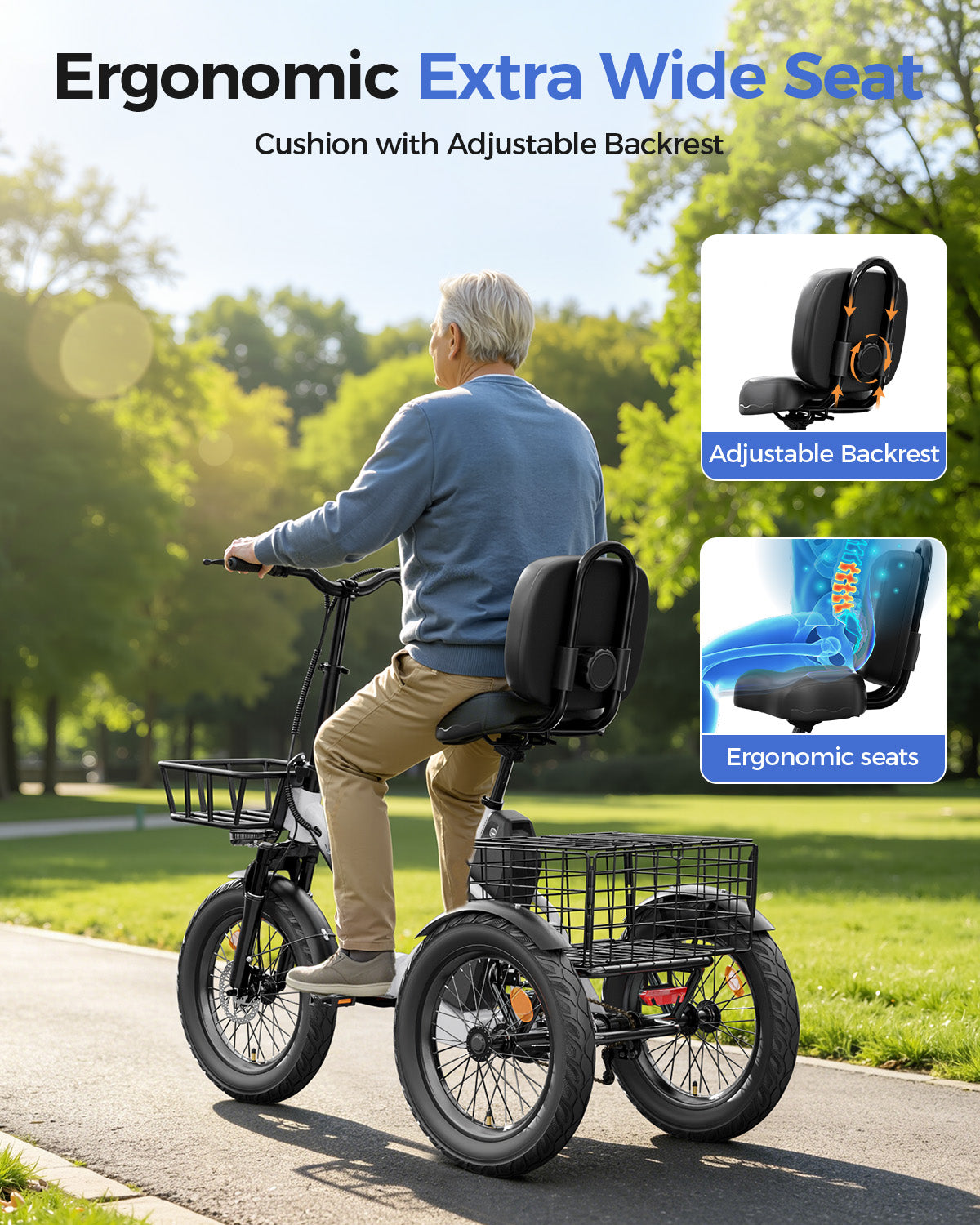 Adult 3 Wheel Electric Tricycle, 18×3.0 Fat Tires, 48V 15AH battery 700W Peak Motor Up to 60 Miles Range, 18 MPH Adjustable Backrest Electric Bikes