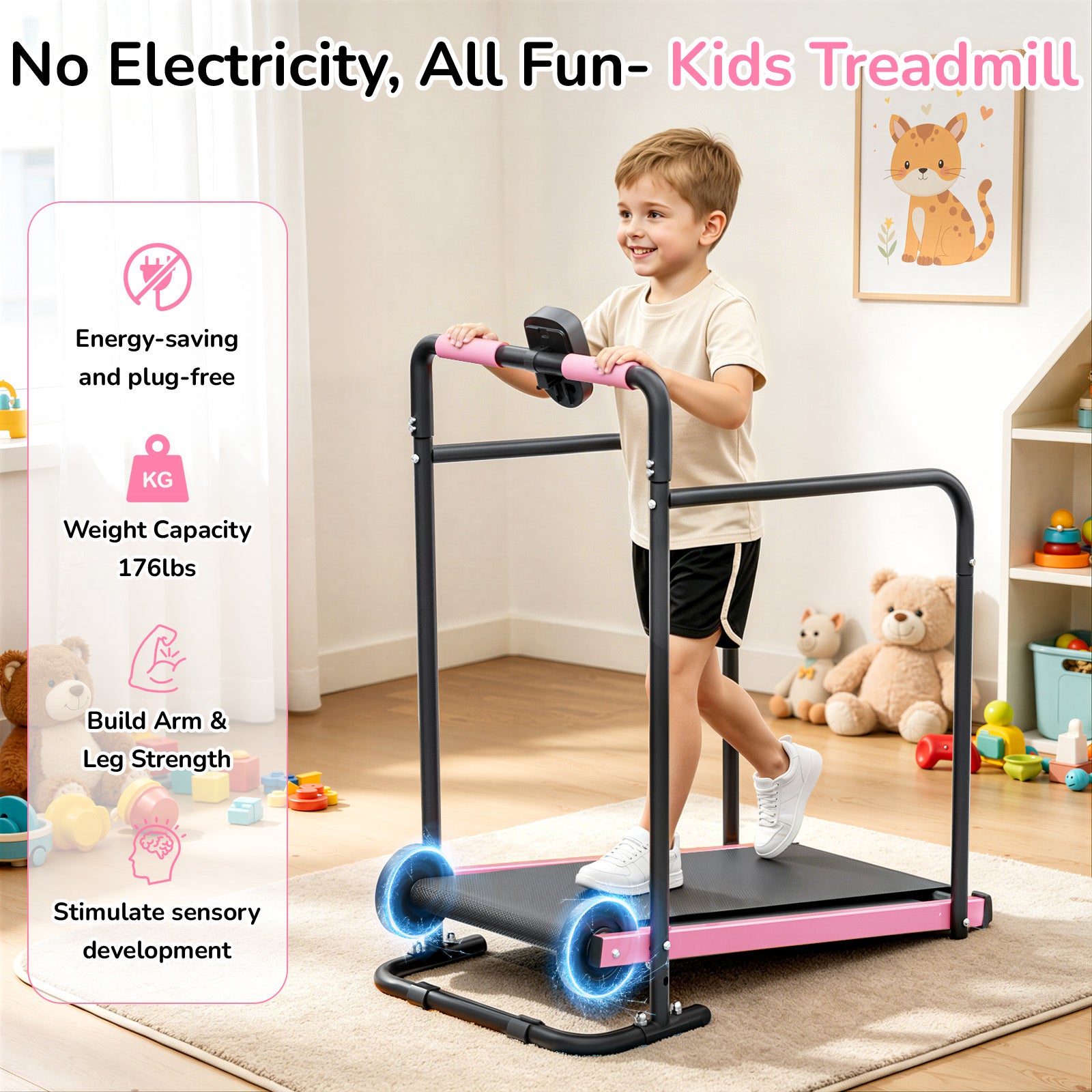 Manual Treadmill for Kids, Fixed 10% Incline Non-Powered Walking Pad, Max 220lbs Capacity with Handrail & Display Screen, Eco-Friendly Manual Walking Running Machine for Home