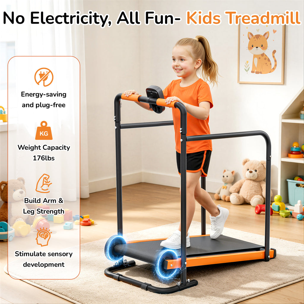 Manual Treadmill for Kids, Fixed 10% Incline Non-Powered Walking Pad, Max 220lbs Capacity with Handrail & Display Screen, Eco-Friendly Manual Walking Running Machine for Home