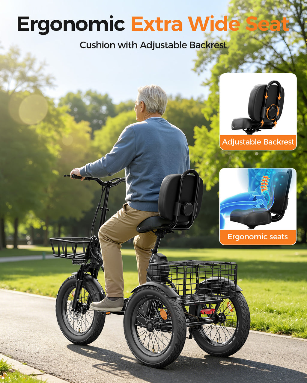 Adult 3 Wheel Electric Tricycle, 18×3.0 Fat Tires, 48V 15AH battery 700W Peak Motor Up to 60 Miles Range, 18 MPH Adjustable Backrest Electric Bikes