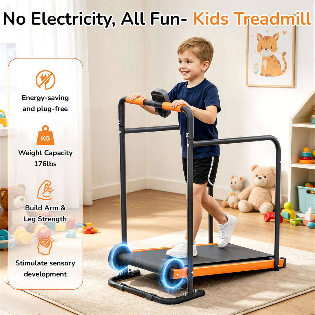 Manual Treadmill for Kids, Fixed 10% Incline Non-Powered Walking Pad, Max 220lbs Capacity with Handrail & Display Screen, Eco-Friendly Manual Walking Running Machine for Home