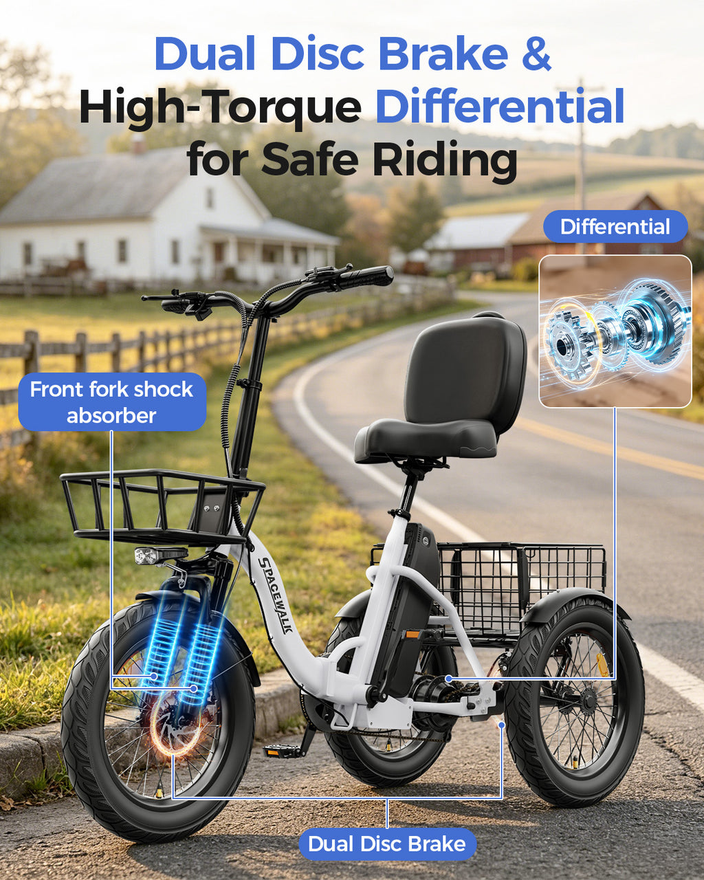 Adult 3 Wheel Electric Tricycle, 18×3.0 Fat Tires, 48V 15AH battery 700W Peak Motor Up to 60 Miles Range, 18 MPH Adjustable Backrest Electric Bikes