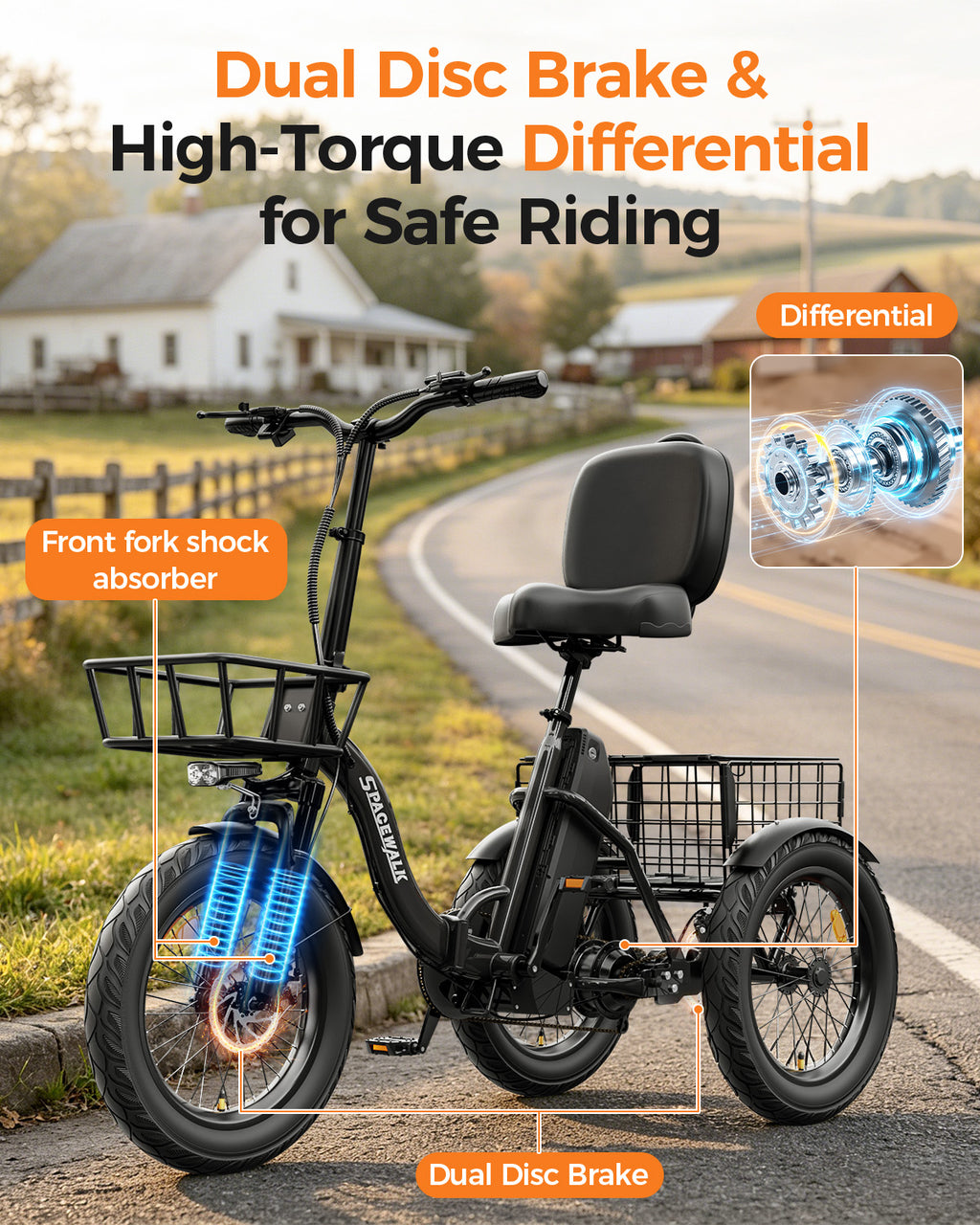 Adult 3 Wheel Electric Tricycle, 18×3.0 Fat Tires, 48V 15AH battery 700W Peak Motor Up to 60 Miles Range, 18 MPH Adjustable Backrest Electric Bikes