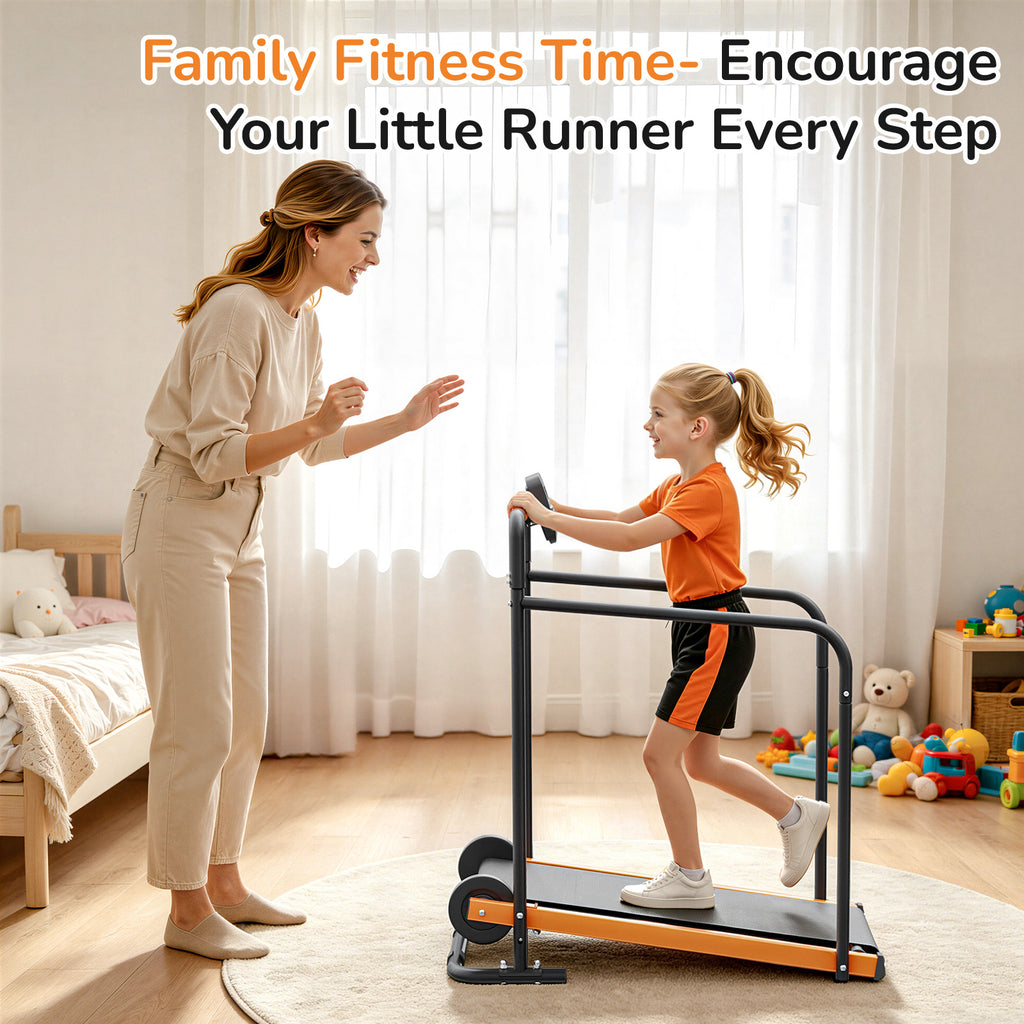 Manual Treadmill for Kids, Fixed 10% Incline Non-Powered Walking Pad, Max 220lbs Capacity with Handrail & Display Screen, Eco-Friendly Manual Walking Running Machine for Home