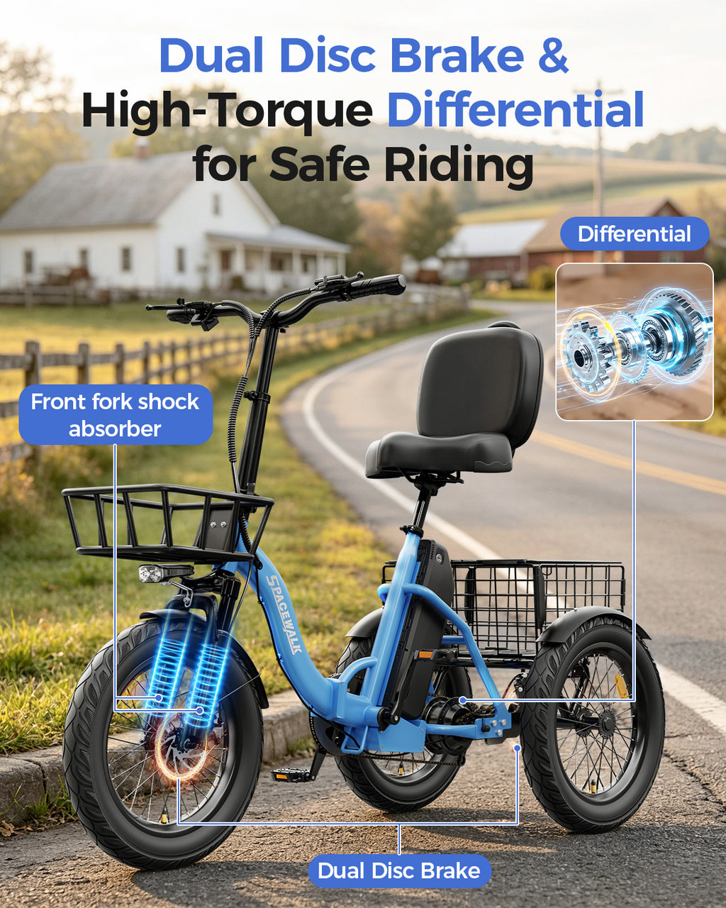 Adult 3 Wheel Electric Tricycle, 18×3.0 Fat Tires, 48V 15AH battery 700W Peak Motor Up to 60 Miles Range, 18 MPH Adjustable Backrest Electric Bikes