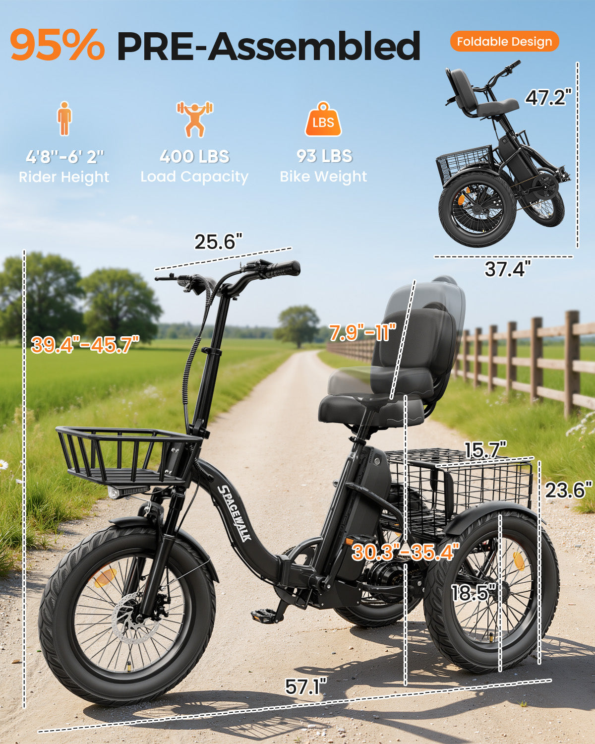 Adult 3 Wheel Electric Tricycle, 18×3.0 Fat Tires, 48V 15AH battery 700W Peak Motor Up to 60 Miles Range, 18 MPH Adjustable Backrest Electric Bikes