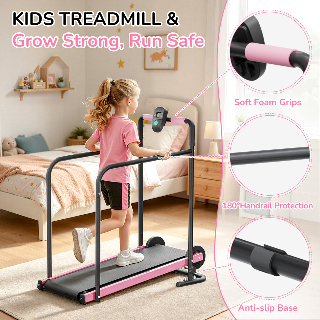 Manual Treadmill for Kids, Fixed 10% Incline Non-Powered Walking Pad, Max 220lbs Capacity with Handrail & Display Screen, Eco-Friendly Manual Walking Running Machine for Home