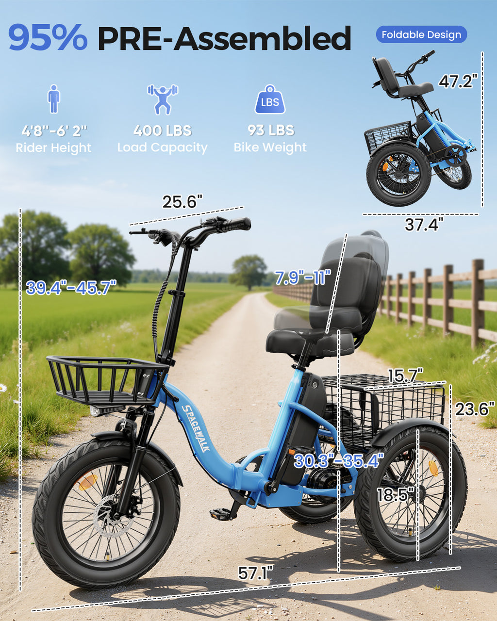 Adult 3 Wheel Electric Tricycle, 18×3.0 Fat Tires, 48V 15AH battery 700W Peak Motor Up to 60 Miles Range, 18 MPH Adjustable Backrest Electric Bikes