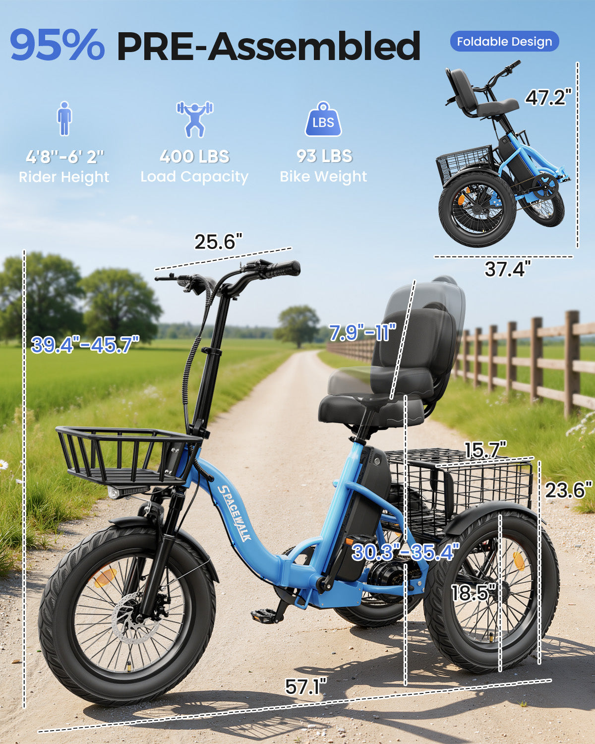 Adult 3 Wheel Electric Tricycle, 18×3.0 Fat Tires, 48V 15AH battery 700W Peak Motor Up to 60 Miles Range, 18 MPH Adjustable Backrest Electric Bikes