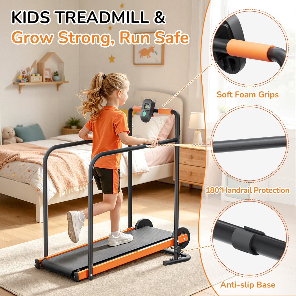 Manual Treadmill for Kids, Fixed 10% Incline Non-Powered Walking Pad, Max 220lbs Capacity with Handrail & Display Screen, Eco-Friendly Manual Walking Running Machine for Home