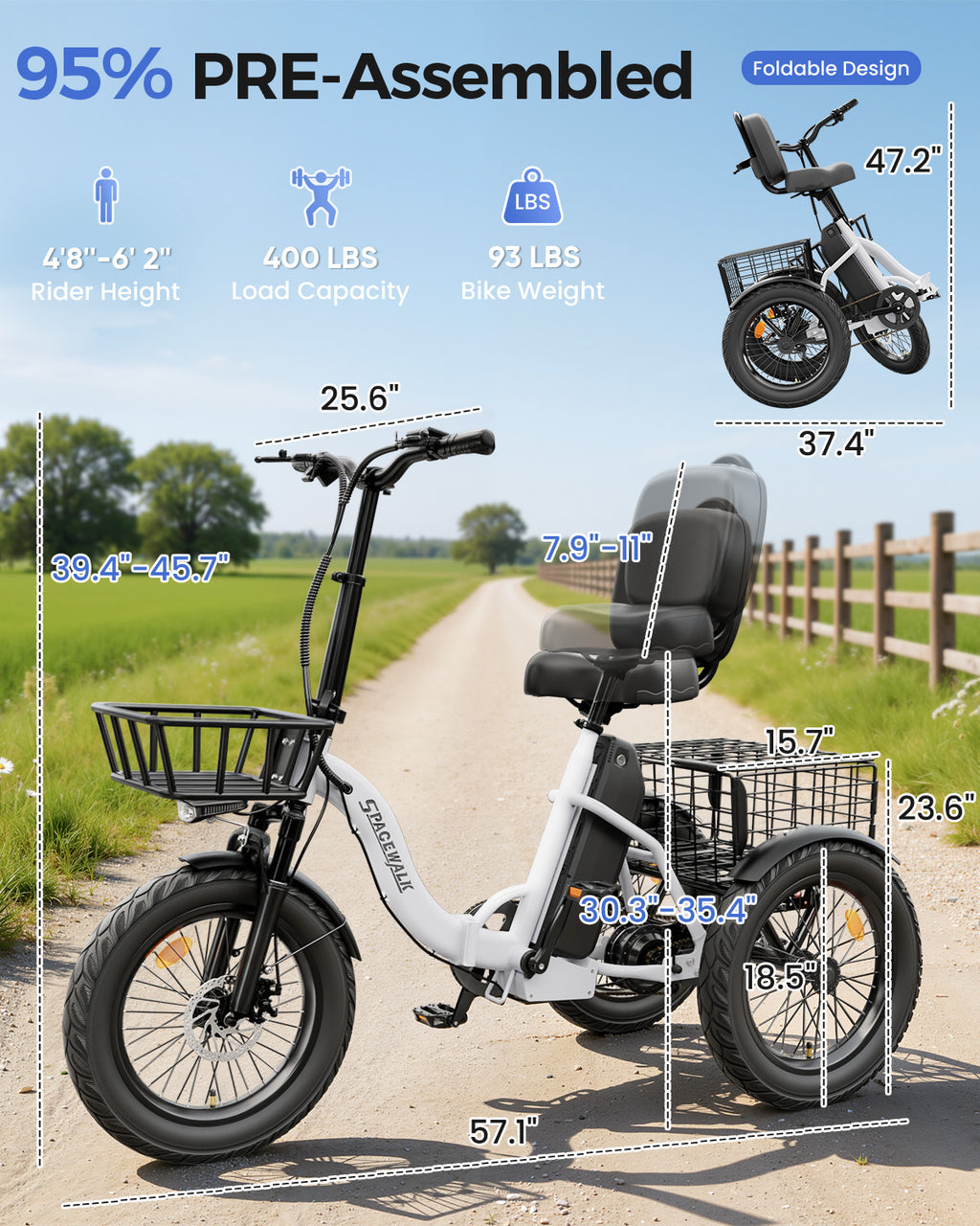Adult 3 Wheel Electric Tricycle, 18×3.0 Fat Tires, 48V 15AH battery 700W Peak Motor Up to 60 Miles Range, 18 MPH Adjustable Backrest Electric Bikes