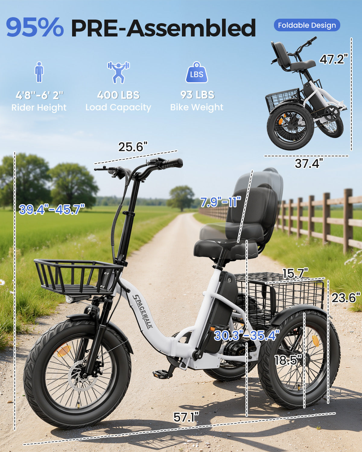 Adult 3 Wheel Electric Tricycle, 18×3.0 Fat Tires, 48V 15AH battery 700W Peak Motor Up to 60 Miles Range, 18 MPH Adjustable Backrest Electric Bikes
