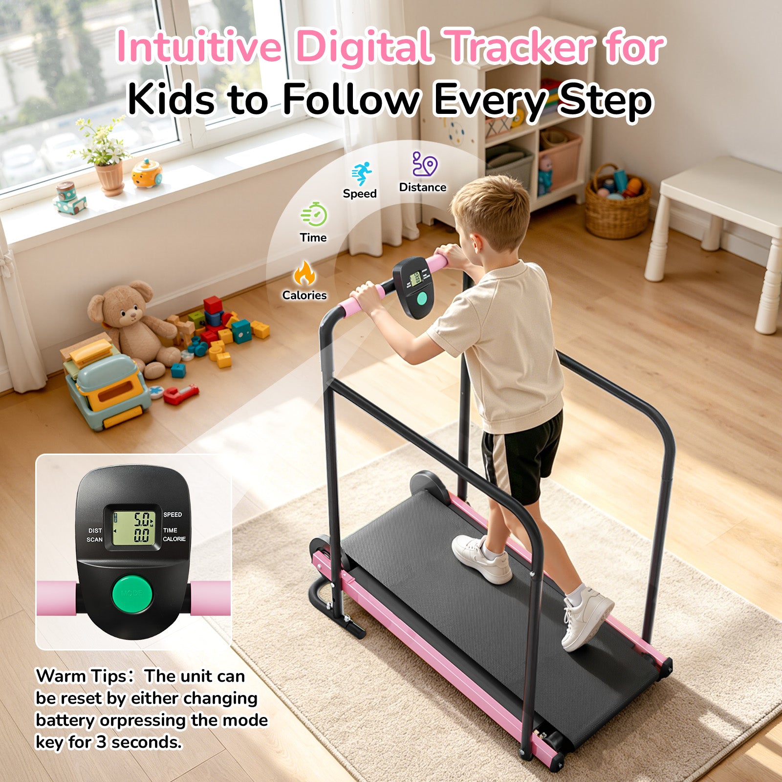 Manual Treadmill for Kids, Fixed 10% Incline Non-Powered Walking Pad, Max 220lbs Capacity with Handrail & Display Screen, Eco-Friendly Manual Walking Running Machine for Home