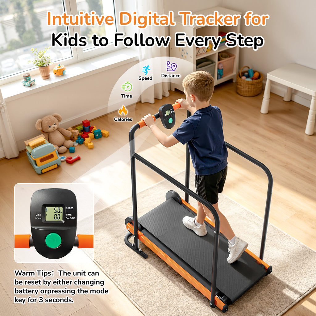 Manual Treadmill for Kids, Fixed 10% Incline Non-Powered Walking Pad, Max 220lbs Capacity with Handrail & Display Screen, Eco-Friendly Manual Walking Running Machine for Home