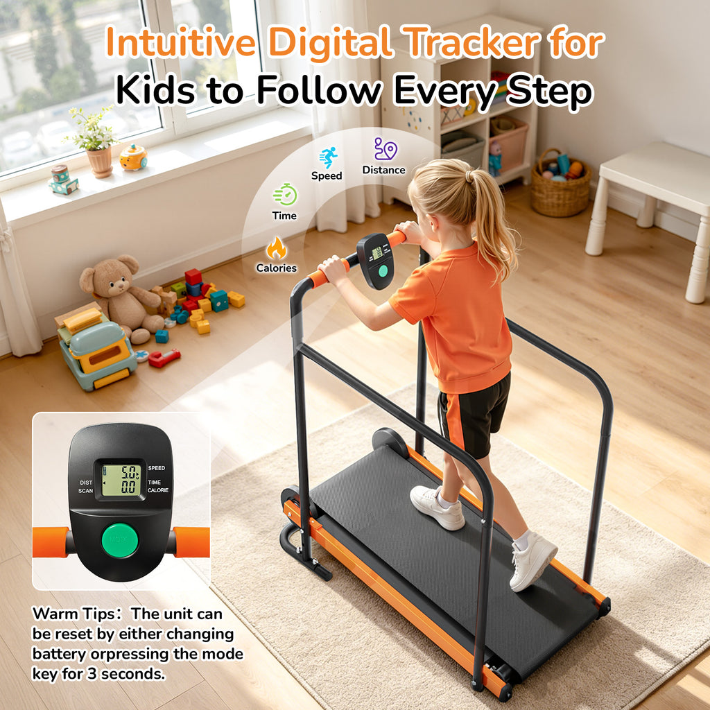 Manual Treadmill for Kids, Fixed 10% Incline Non-Powered Walking Pad, Max 220lbs Capacity with Handrail & Display Screen, Eco-Friendly Manual Walking Running Machine for Home