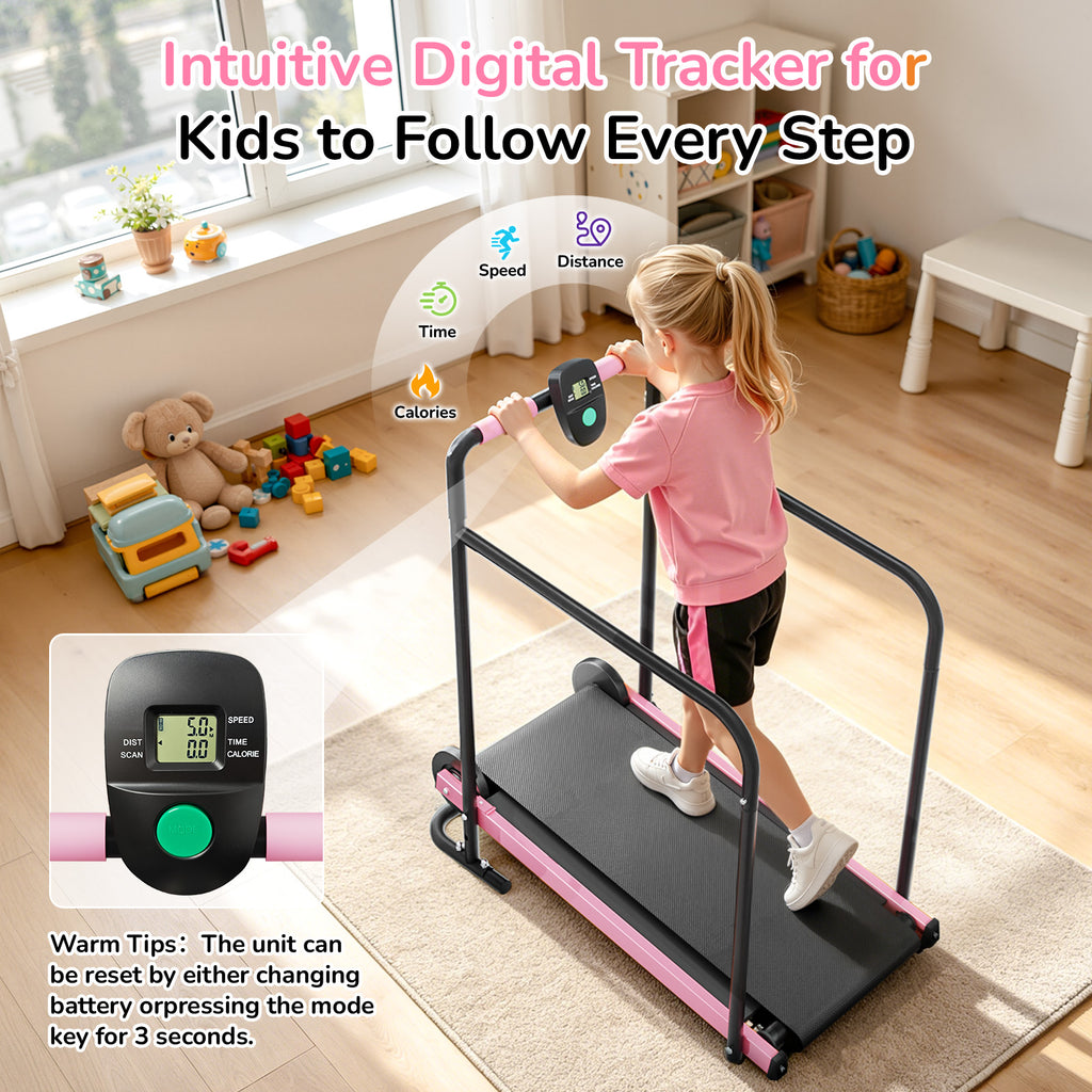 Manual Treadmill for Kids, Fixed 10% Incline Non-Powered Walking Pad, Max 220lbs Capacity with Handrail & Display Screen, Eco-Friendly Manual Walking Running Machine for Home