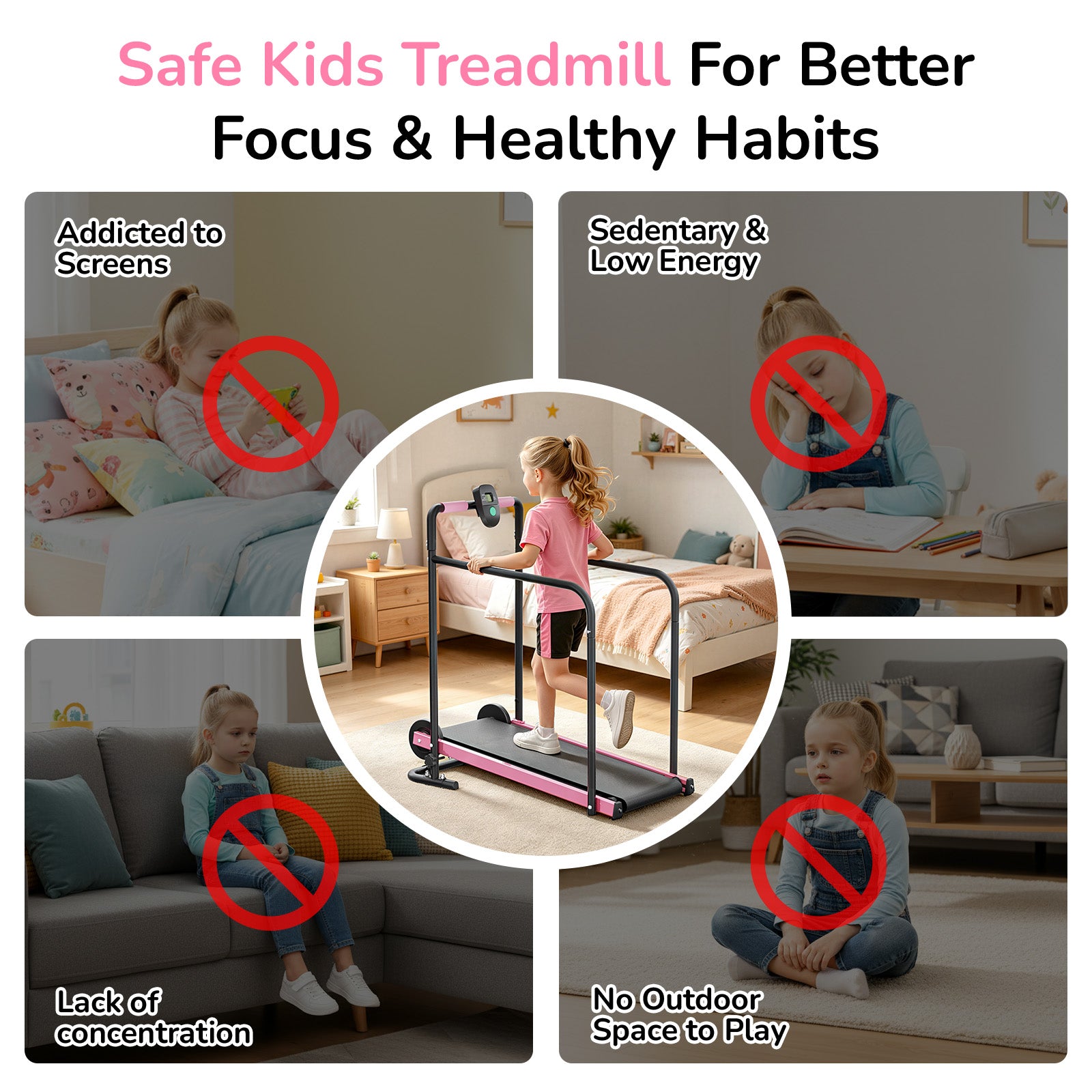 Manual Treadmill for Kids, Fixed 10% Incline Non-Powered Walking Pad, Max 220lbs Capacity with Handrail & Display Screen, Eco-Friendly Manual Walking Running Machine for Home