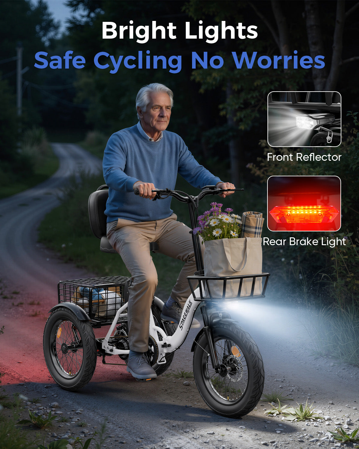 Adult 3 Wheel Electric Tricycle, 18×3.0 Fat Tires, 48V 15AH battery 700W Peak Motor Up to 60 Miles Range, 18 MPH Adjustable Backrest Electric Bikes