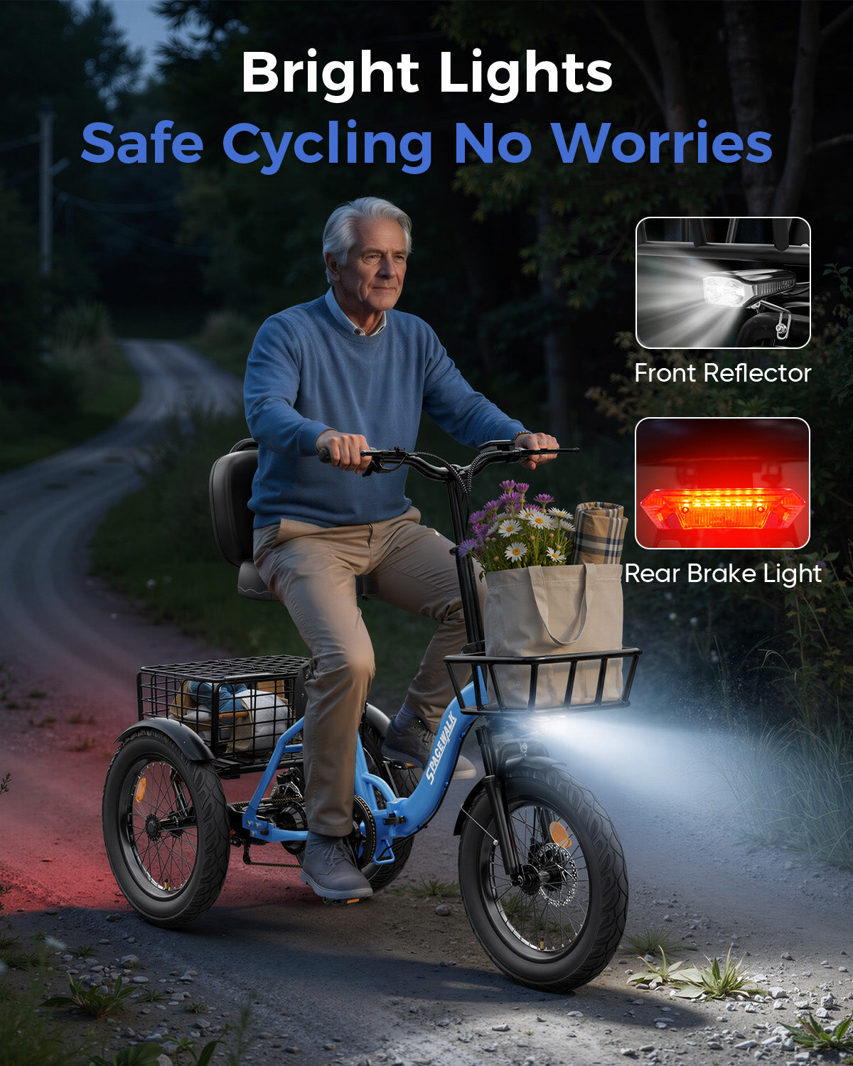Adult 3 Wheel Electric Tricycle, 18×3.0 Fat Tires, 48V 15AH battery 700W Peak Motor Up to 60 Miles Range, 18 MPH Adjustable Backrest Electric Bikes