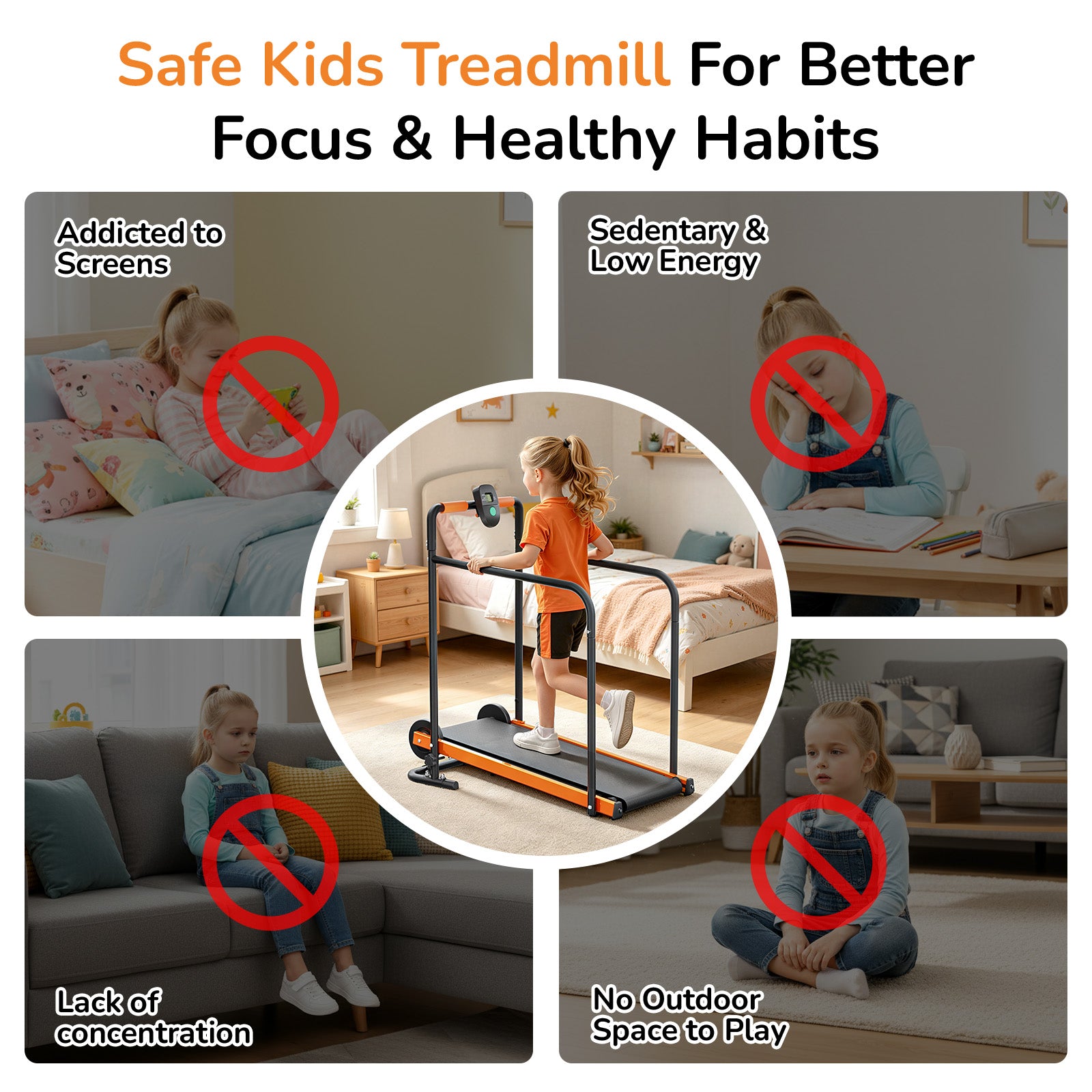 Manual Treadmill for Kids, Fixed 10% Incline Non-Powered Walking Pad, Max 220lbs Capacity with Handrail & Display Screen, Eco-Friendly Manual Walking Running Machine for Home