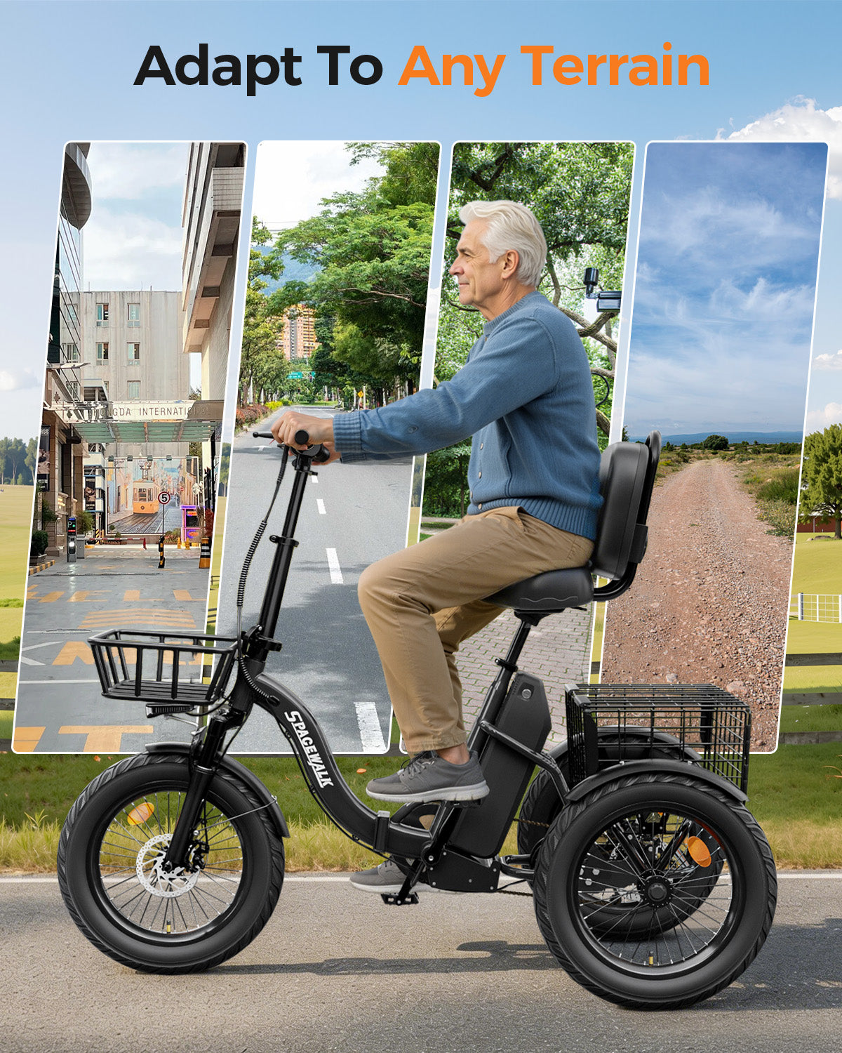 Adult 3 Wheel Electric Tricycle, 18×3.0 Fat Tires, 48V 15AH battery 700W Peak Motor Up to 60 Miles Range, 18 MPH Adjustable Backrest Electric Bikes