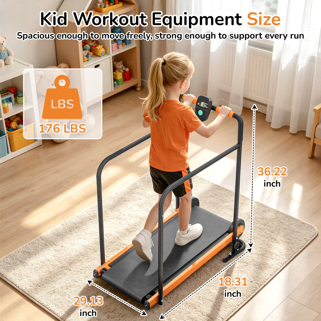 Manual Treadmill for Kids, Fixed 10% Incline Non-Powered Walking Pad, Max 220lbs Capacity with Handrail & Display Screen, Eco-Friendly Manual Walking Running Machine for Home