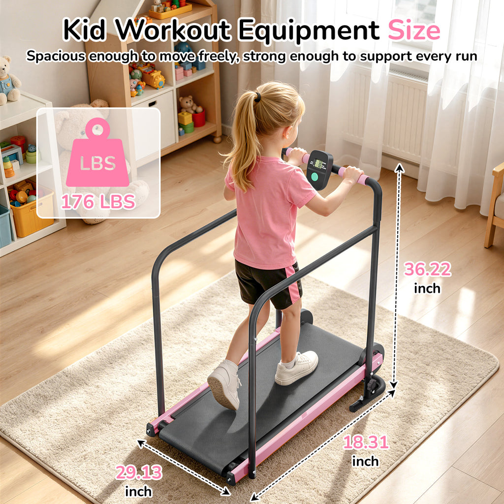 Manual Treadmill for Kids, Fixed 10% Incline Non-Powered Walking Pad, Max 220lbs Capacity with Handrail & Display Screen, Eco-Friendly Manual Walking Running Machine for Home