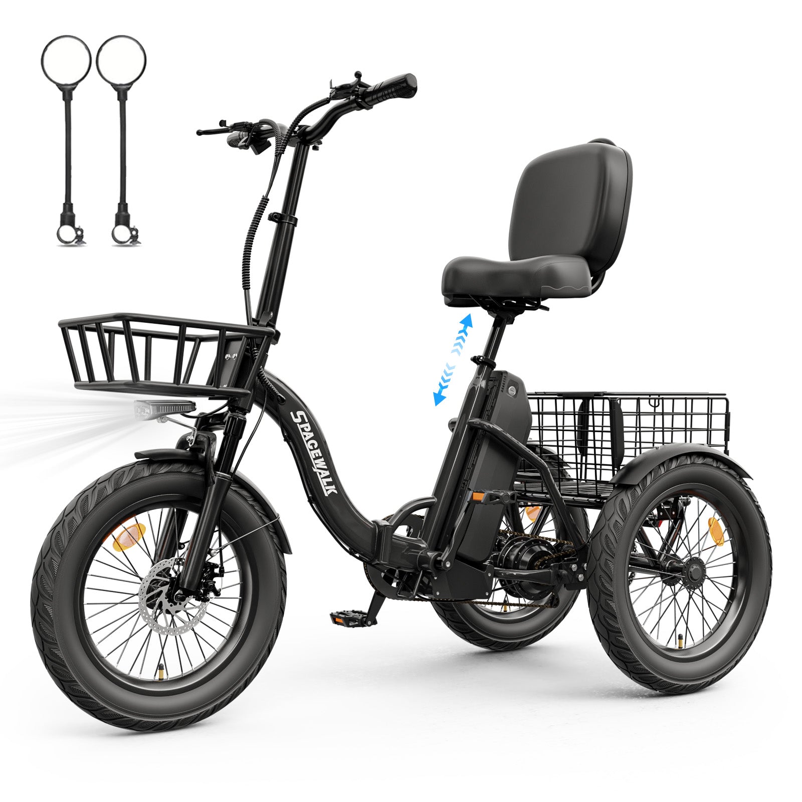 Adult 3 Wheel Electric Tricycle, 18×3.0 Fat Tires, 48V 15AH battery 700W Peak Motor Up to 60 Miles Range, 18 MPH Adjustable Backrest Electric Bikes
